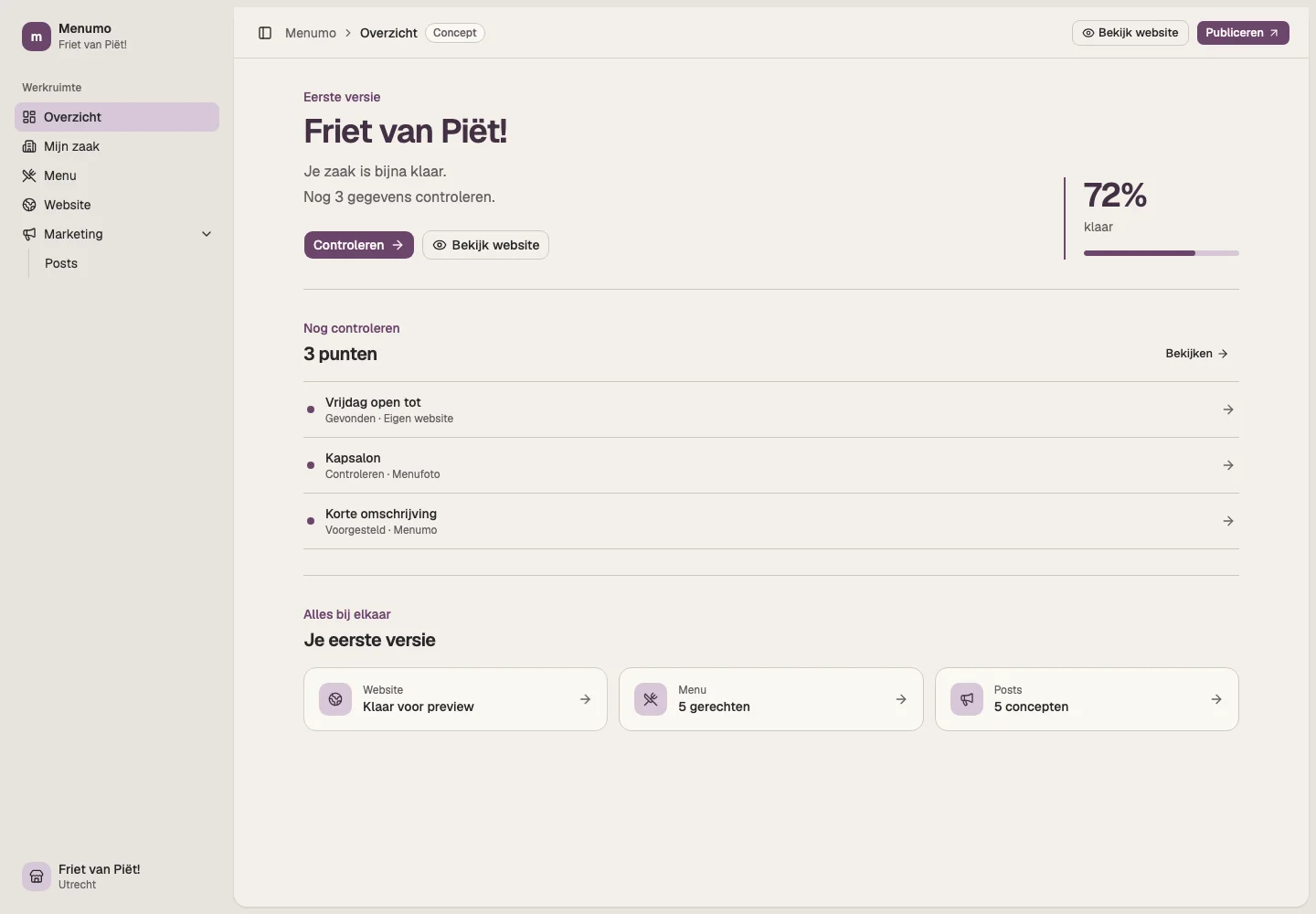 Het Menumo-overzicht van Friet van Piet met website, menu en postconcepten.